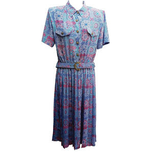 Dress Fit Flare Maxi Blue Pink Geometric Shirtwaist Preppy Grandmacore Size 12